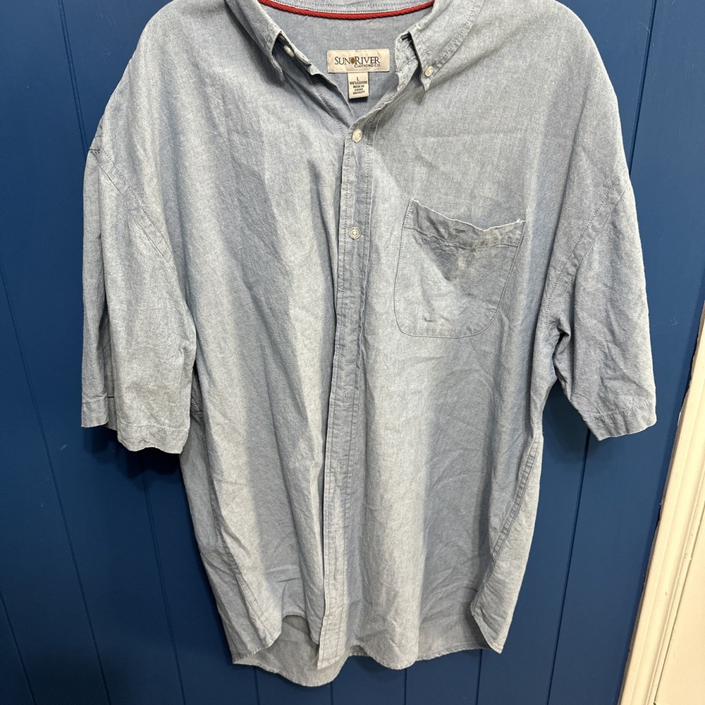 VTG Sun River Western Shirt‎ M Blue Chambray Button Up Short Sleeve Mechanic